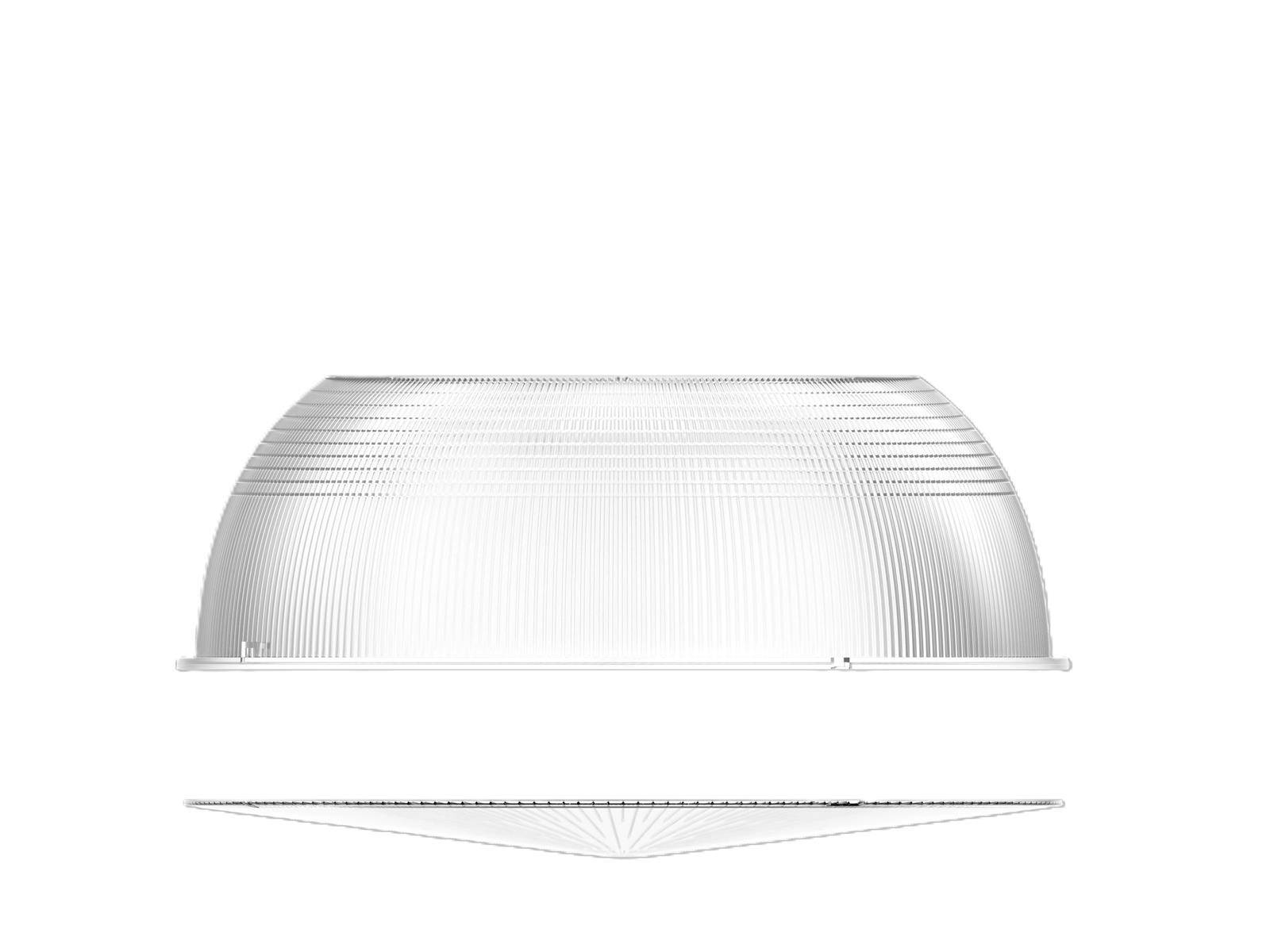 Ein transparenter Linsendiffusor mit gerippter Textur, von oben und von der Seite betrachtet, der zum gleichmäßigen Verteilen von Licht in Leuchten verwendet wird.