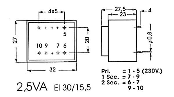 PRINTTRANSFORMATOR 2.5VA 1 x 24V / 1 x 0.104A