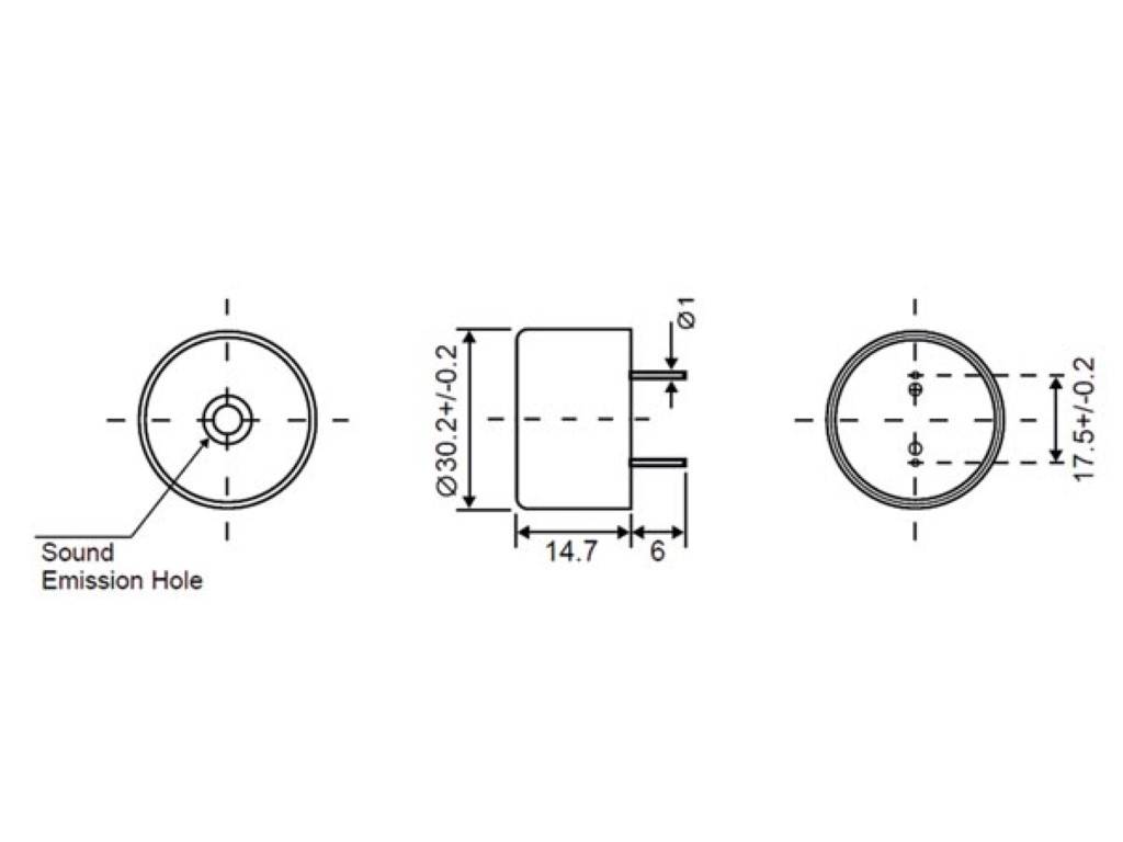 PIEZO-SUMMER 3 - 20 VDC - ø 30.2mm - HÖHE 15 mm - PITCH 17.5 mm