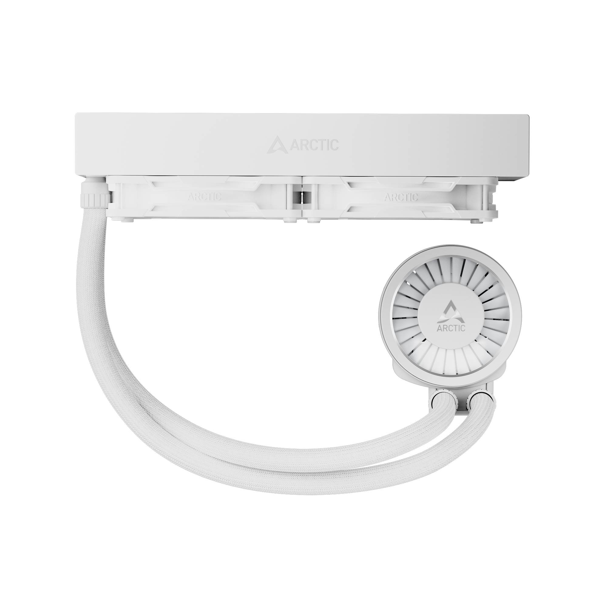 Weißer ARCTIC Flüssigkeits-CPU-Kühler mit Radiator und rundem Pumpenblock, verbunden durch zwei geflochtene Schläuche auf schwarzem Hintergrund.