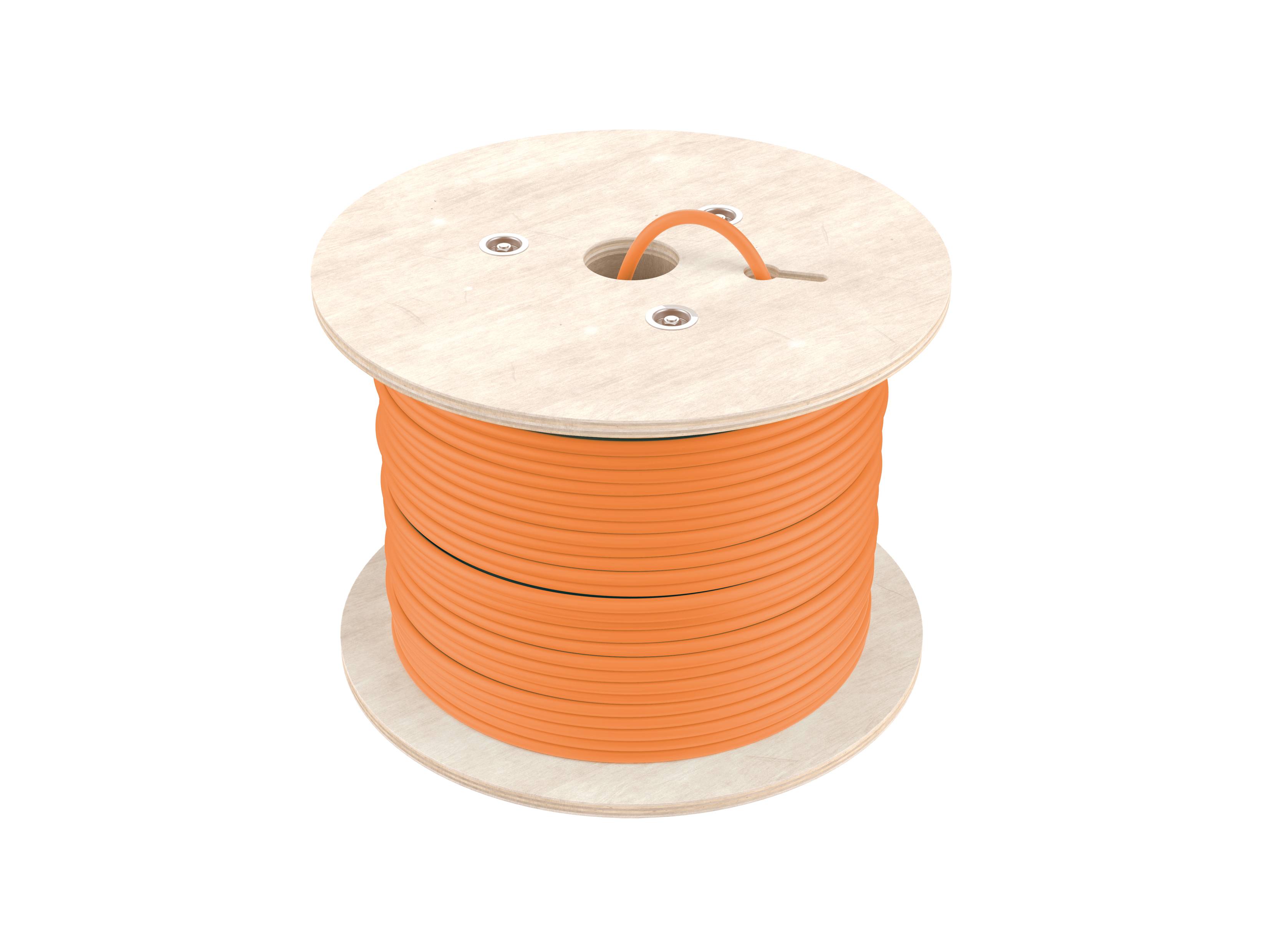 Spule aus orangefarbenem Kabel auf einer Holzspule aufgewickelt, mit dem Kabelende, das von oben hervortritt
