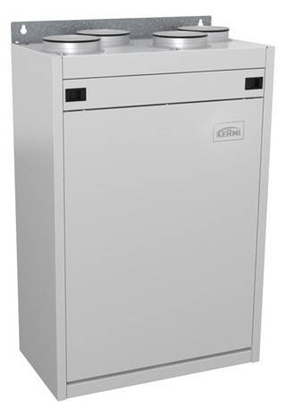 Wandmontierter weißer Metallschrank mit zwei kreisförmigen Lüftungsöffnungen oben und einem KERMI-Logo auf der Vorderseite.