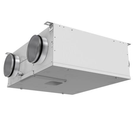 Rechteckiges Metall-HVAC-Lüftungsgerät mit zwei kreisförmigen Kanalöffnungen an einem Ende, isoliert auf weißem Hintergrund dargestellt.