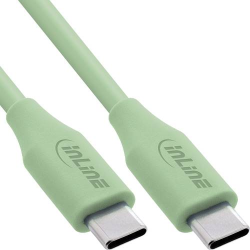 Ein grünes USB-C-Kabel mit zwei Steckverbindern, die in entgegengesetzte Richtungen zeigen, mit dem Markennamen „INLINE