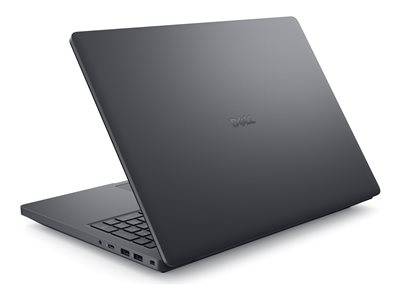 Ein schlankes, dunkelgraues Laptop, das teilweise geöffnet ist, mit sichtbarer Tastatur und seitlichen Anschlüssen, mit einem dezenten Logo auf dem Deckel, vor einem schlichten Hintergrund.