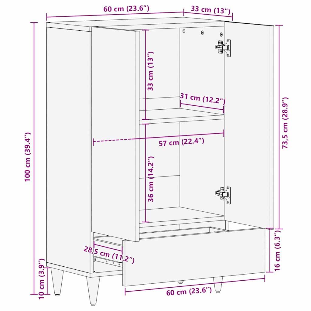 vidaXL Highboard mit Regal Schwarz 60 x 33 x 100 cm Massivholz Mango