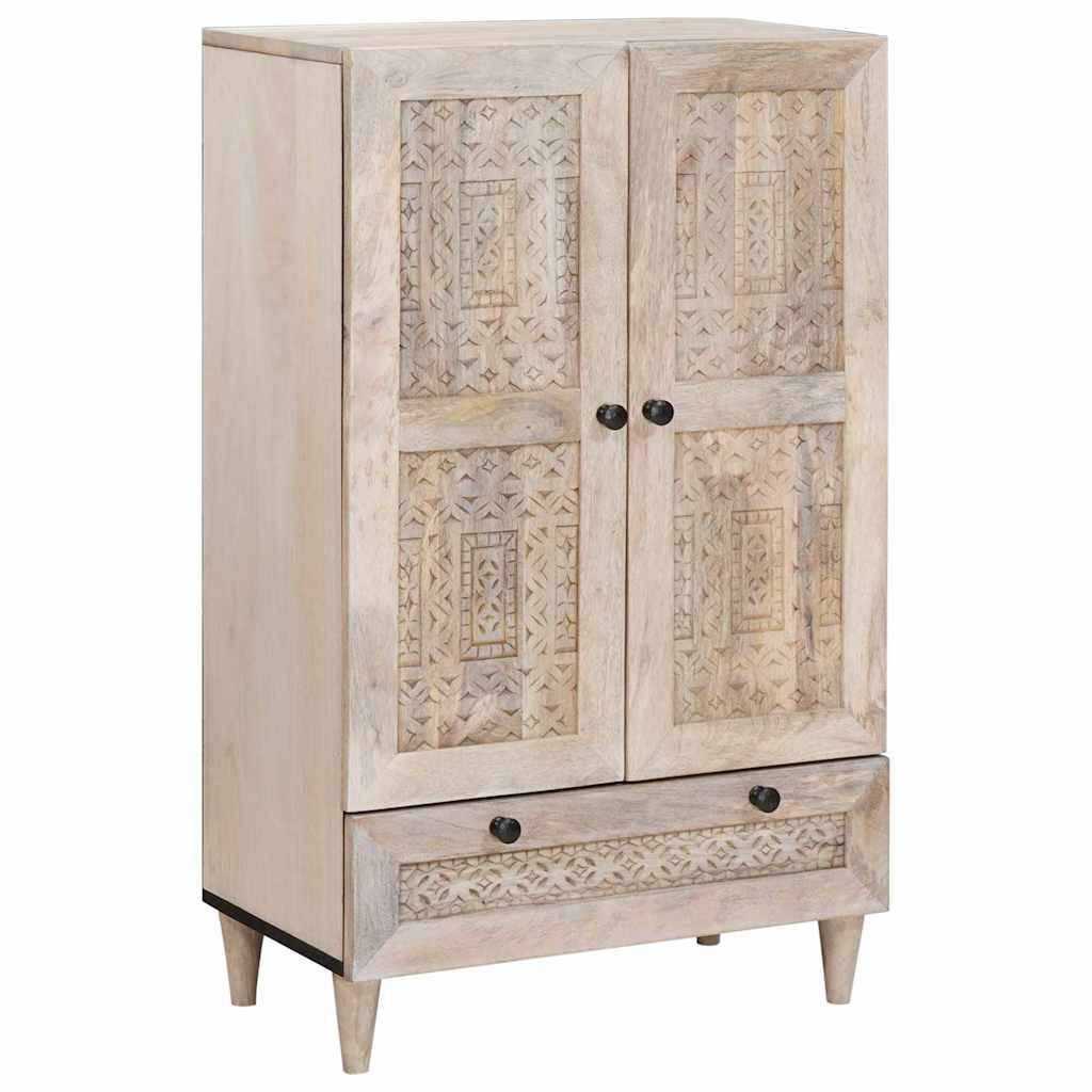 Helles Holzschrank mit zwei geschnitzten Türen und einer unteren Schublade, stehend auf sich verjüngenden Beinen.