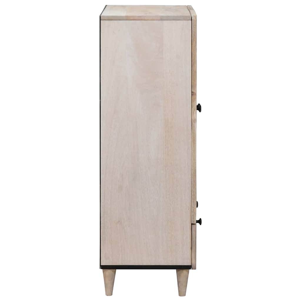 Hoher, heller Holzschrank mit schlanken Beinen, Vorderansicht, zeigt eine schmale Lagereinheit mit seitlichen Griffen oder Knöpfen.