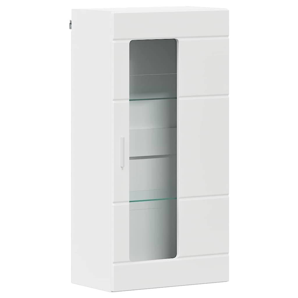 Ein weißer, moderner Wandschrank mit einer klaren Glasfront und zwei Einlegeböden im Inneren. Geeignet zum Aufbewahren und Präsentieren von Gegenständen.