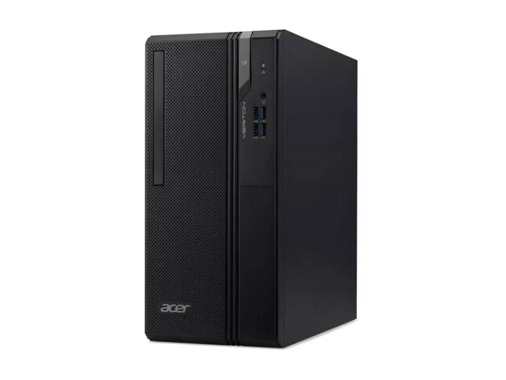 Ein schwarzer Acer-Desktop-Computer-Turm mit sichtbaren Anschlüssen und einem Netzschalter auf der Frontplatte.