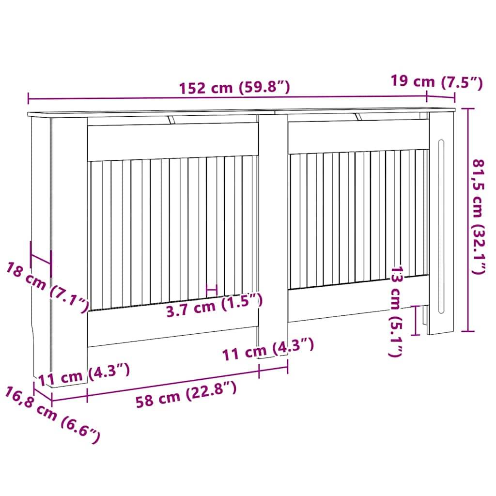 Ein Heizkörperverkleidung mit den Maßen: 152 cm breit, 81,5 cm hoch und 19 cm tief. Seitenpaneele sind 11 cm tief und Lamellen sind 3,7 cm voneinander entfernt.