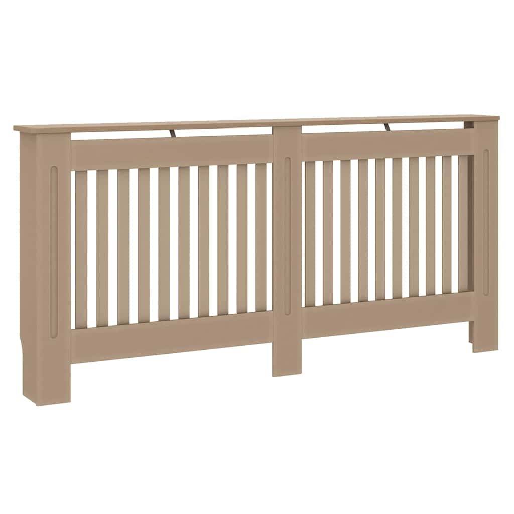 Eine Heizkörperverkleidung aus Holz mit vertikalen Lamellen und einer flachen Oberseite in einer hellen Brauntönung, die entwickelt wurde, um einen Heizkörper zu schützen und zu verbergen.