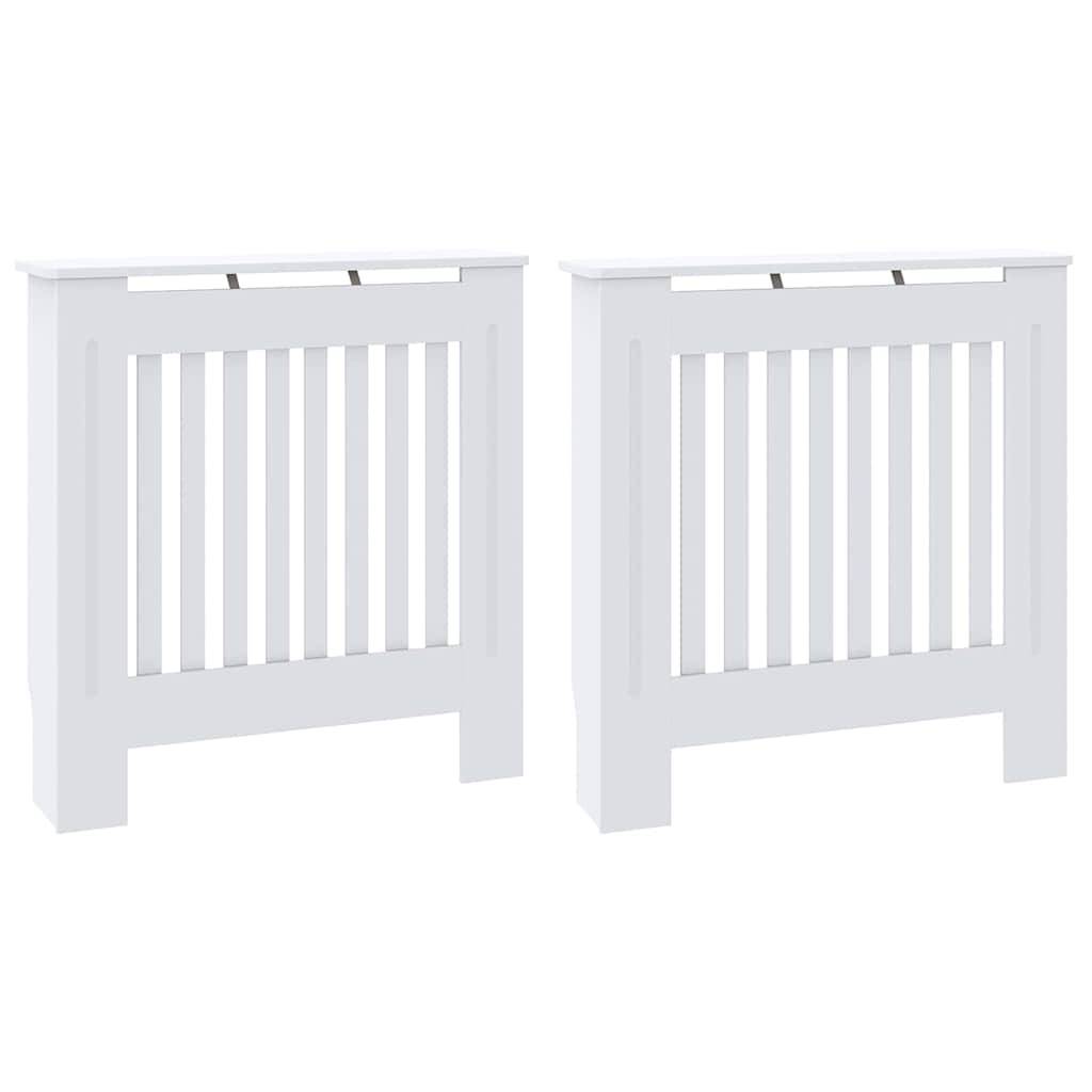 Zwei weiße Heizkörperverkleidungen mit vertikalen Lamellen, nebeneinander dargestellt.