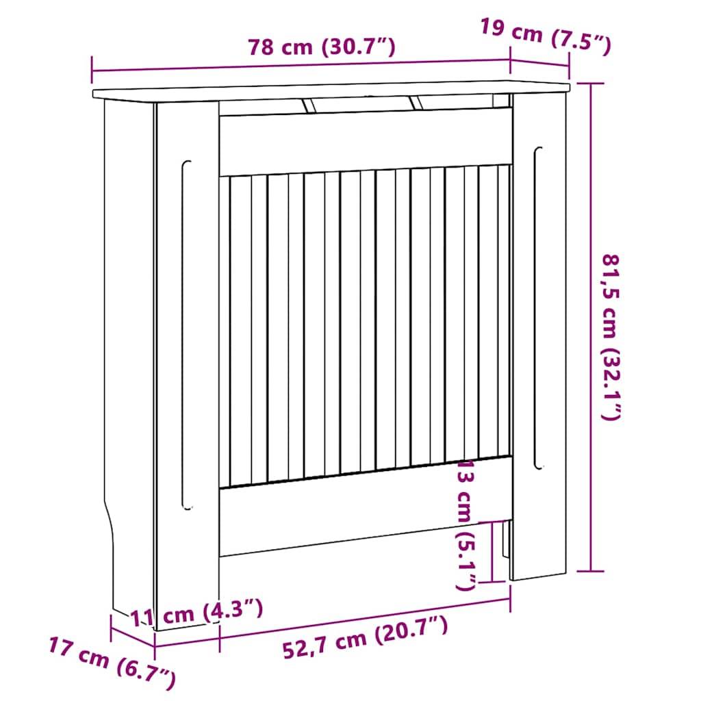 Diagramm einer Heizkörperverkleidung mit Abmessungen: 78 cm (30,7