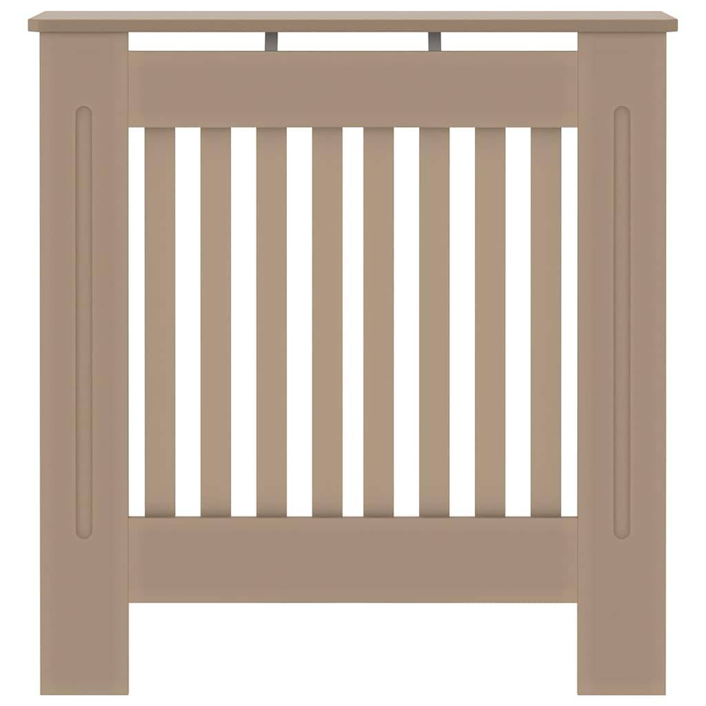 Eine beige Heizkörperverkleidung aus Holz mit vertikalen Lamellen und einem einfachen rechteckigen Design.