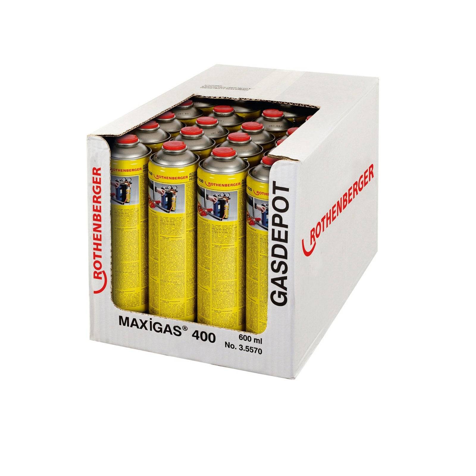 Eine Box mit 12 gelben Gaskanistern, beschriftet als 'Rothenberger Maxigas 400', jeder mit einem roten Deckel und einem Fassungsvermögen von 600 ml.
