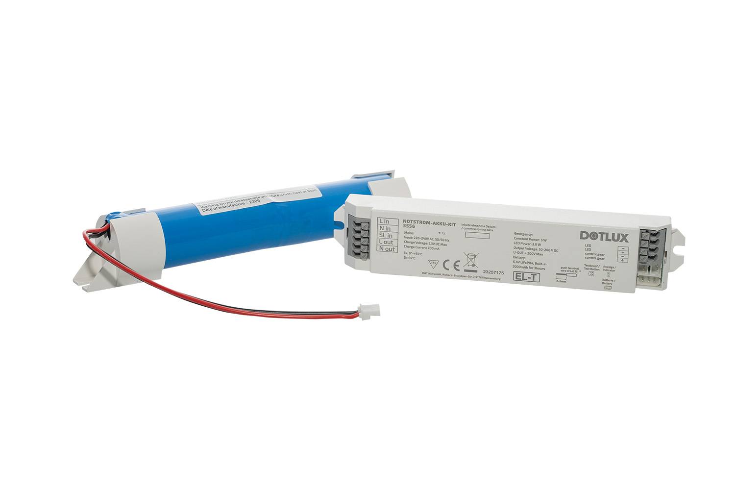 DOTLUX NOTSTROM-AKKU-KIT NOTLICHTBAUSTEIN 3,6W 50-200V Selbsttest Konstantleistung (3h) für konstantstrombetriebene LED-Leuchten LiFePO4 6,4V