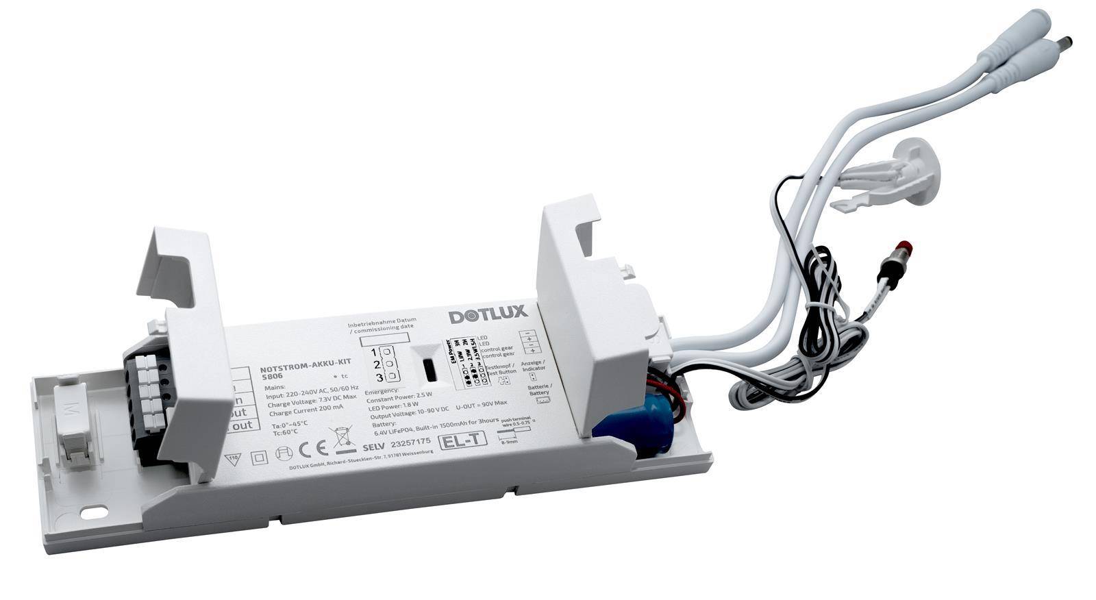 DOTLUX NOTSTROM AKKU-KITexit 1,8W Konstantleistung 3h für konstantstrombetriebene LED-Leuchten mit ext.Testknopf LiFePO4 6,4V mit Selbsttest