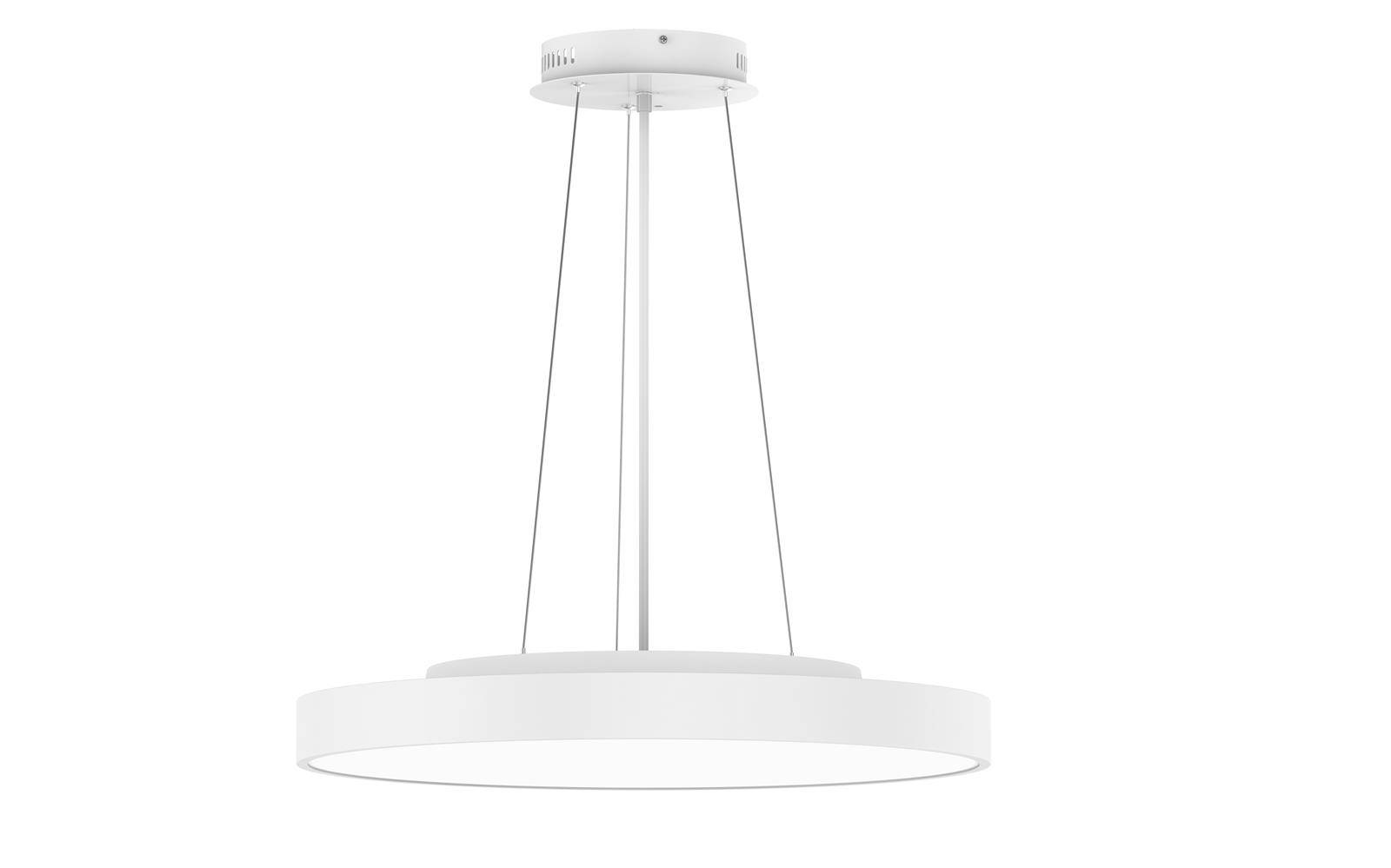 Ein modernes weißes Pendelleuchten-Armaturen mit einer kreisförmigen Gestaltung, aufgehängt an vier dünnen Kabeln von einer runden Deckenhalterung.