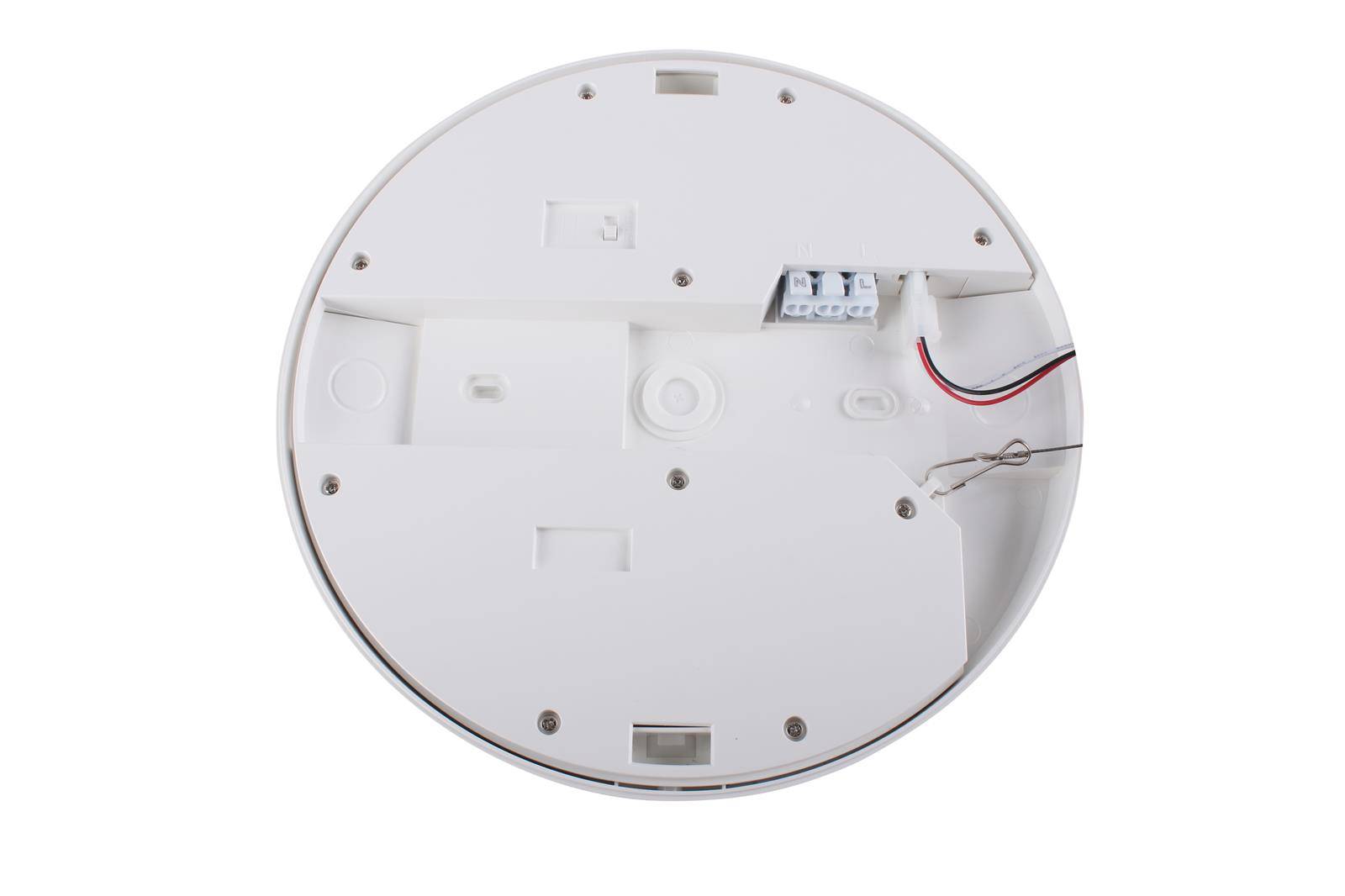 Rückansicht eines runden Rauchmelders, der freiliegende Kabel und Montagebügel zeigt.