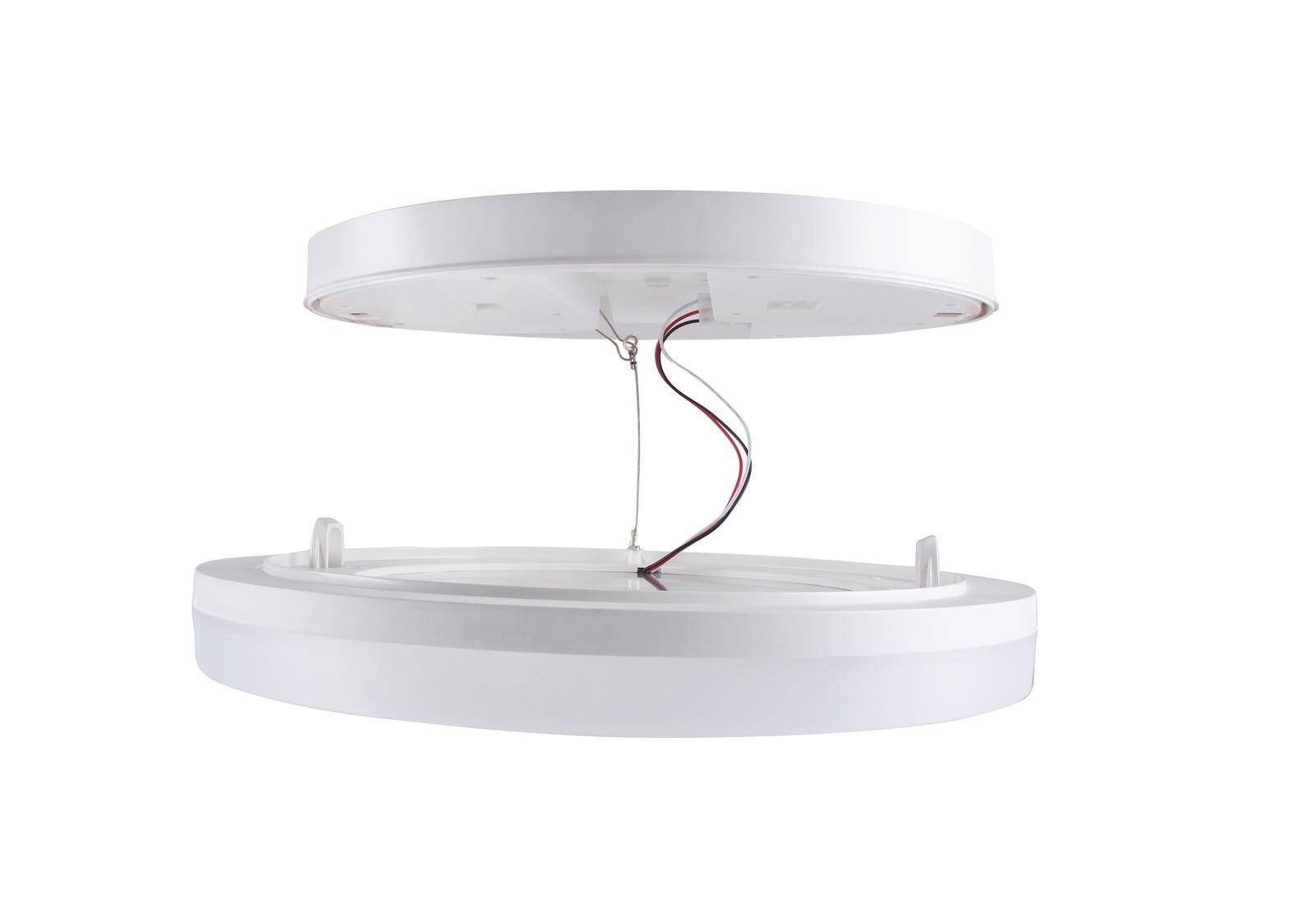 Runde LED-Deckenleuchte teilweise zerlegt, wobei die elektrischen Kabel die Basis und den Deckel miteinander verbinden.