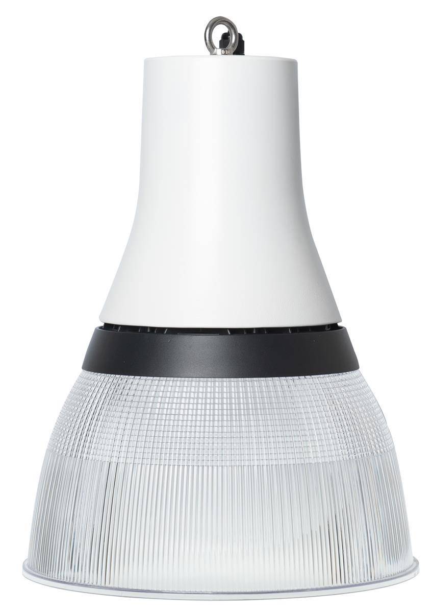 Eine Nahaufnahme einer modernen weißen und schwarzen Lampe mit einem strukturierten, gerippten Glasschirm.