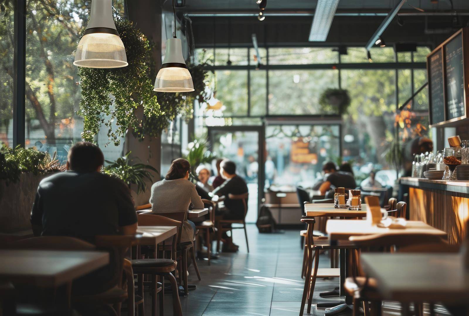 Ein gemütliches Café mit Menschen, die an Holztischen in der Nähe großer Fenster sitzen, umgeben von hängenden Pflanzen und warmem Licht.