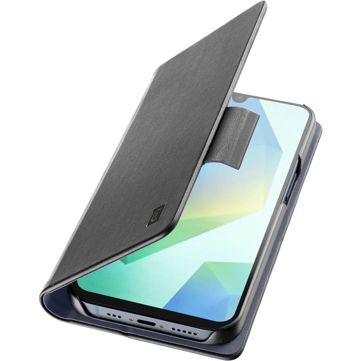 Ein Smartphone in einem schwarzen, offenen Folio-Etui mit einem Bildschirm, auf dem ein abstraktes geometrisches Muster in Blau- und Grüntönen angezeigt wird.