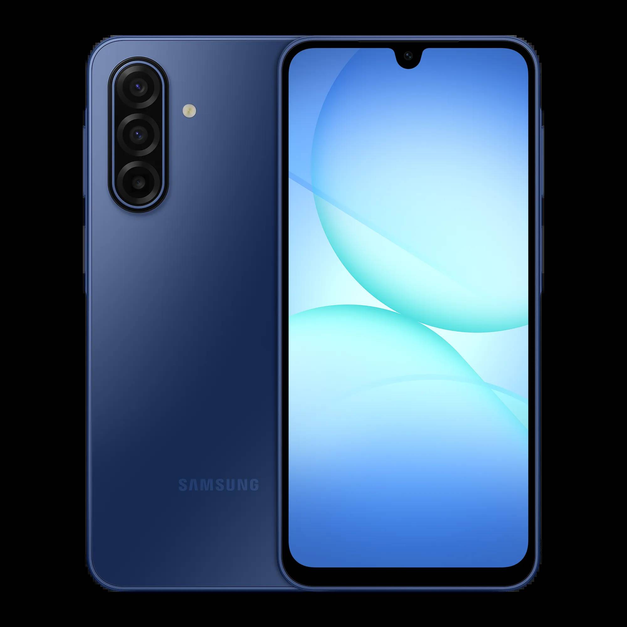 Samsung-Smartphone in Blau, von vorne und von hinten gezeigt, mit dreifacher Rückkamera und Display mit Tropfenkerbe.