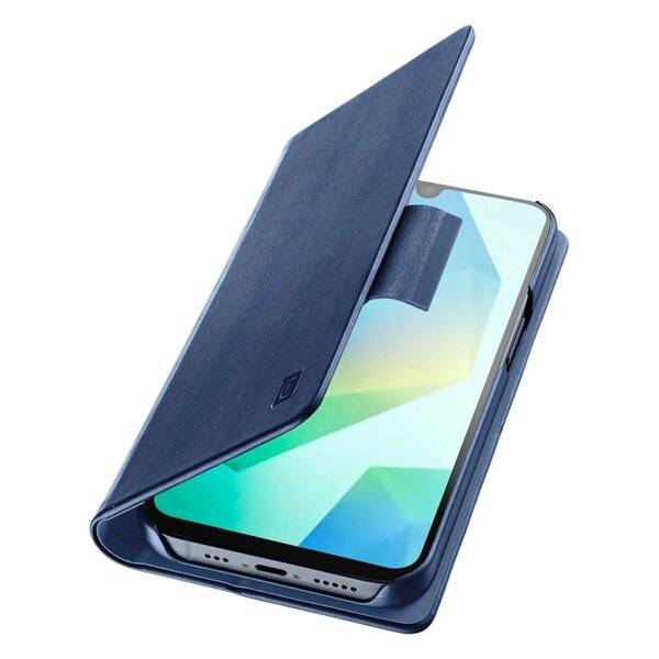 Blaue Foliohandyhülle mit magnetischem Deckel, teilweise offen, zeigt Smartphone-Bildschirm und Aussparungen für den Ladeanschluss.