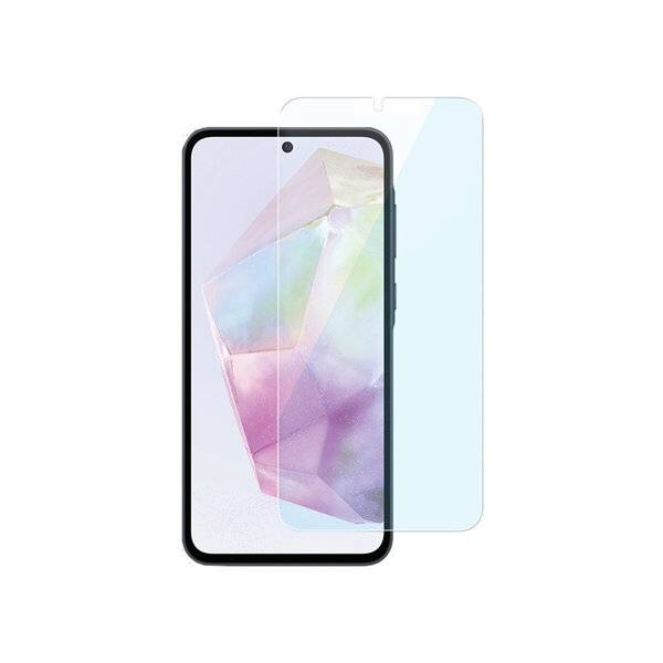 Smartphone-Vorderansicht mit einer transparenten Displayschutzfolie, die über dem Display ausgerichtet ist und leicht versetzt dargestellt wird, um die Passform zu zeigen.