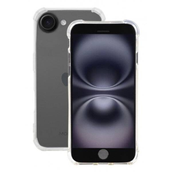 Zwei Smartphones in transparenten Schutzhüllen, von vorne und von hinten gezeigt, wobei das vordere Telefon ein dunkles abstraktes Hintergrundbild anzeigt.
