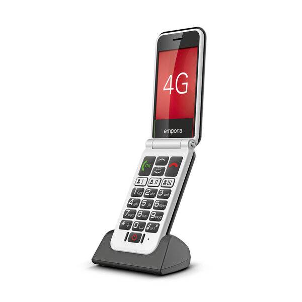 Offenes Klapptelefon auf Ladeständer, mit Bildschirm, der 