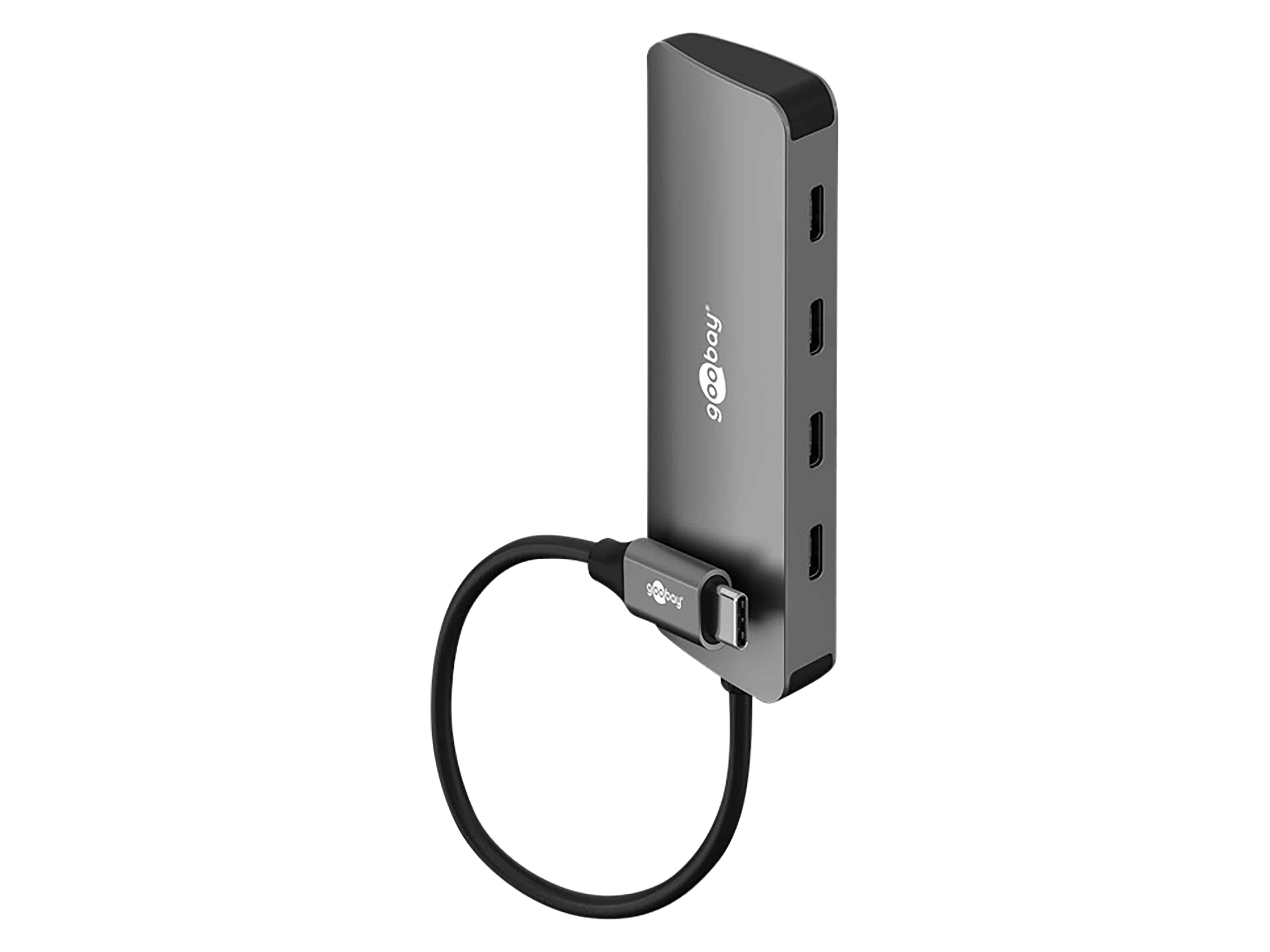 Ein eleganter, grauer USB-Hub mit vier USB-Anschlüssen und einem angeschlossenen Kabel. Geeignet zur Erweiterung der Konnektivitätsoptionen für Geräte.