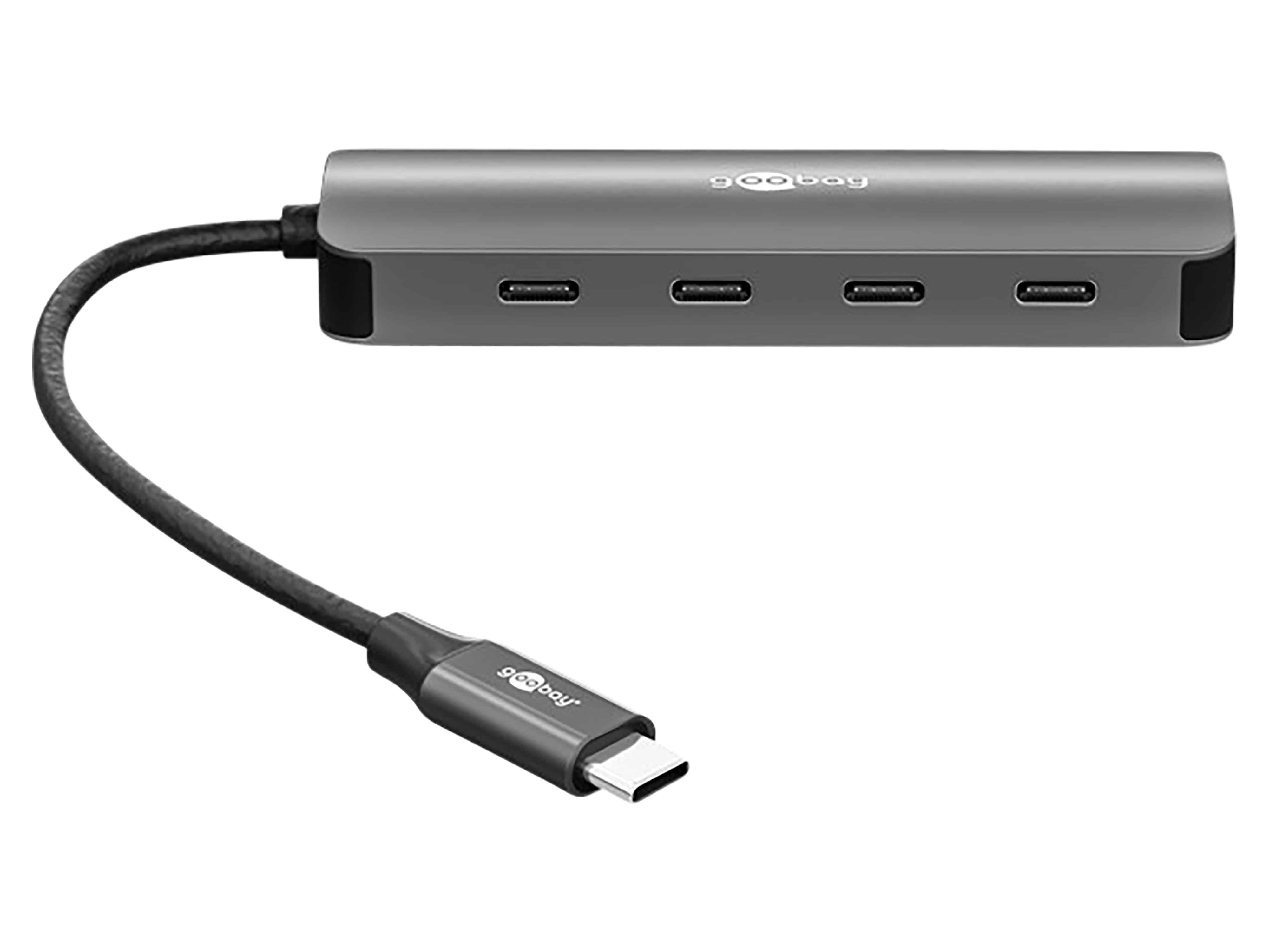 Ein USB-C-Hub mit vier Anschlüssen und angeschlossenem Kabel, mit der Marke „goo bay