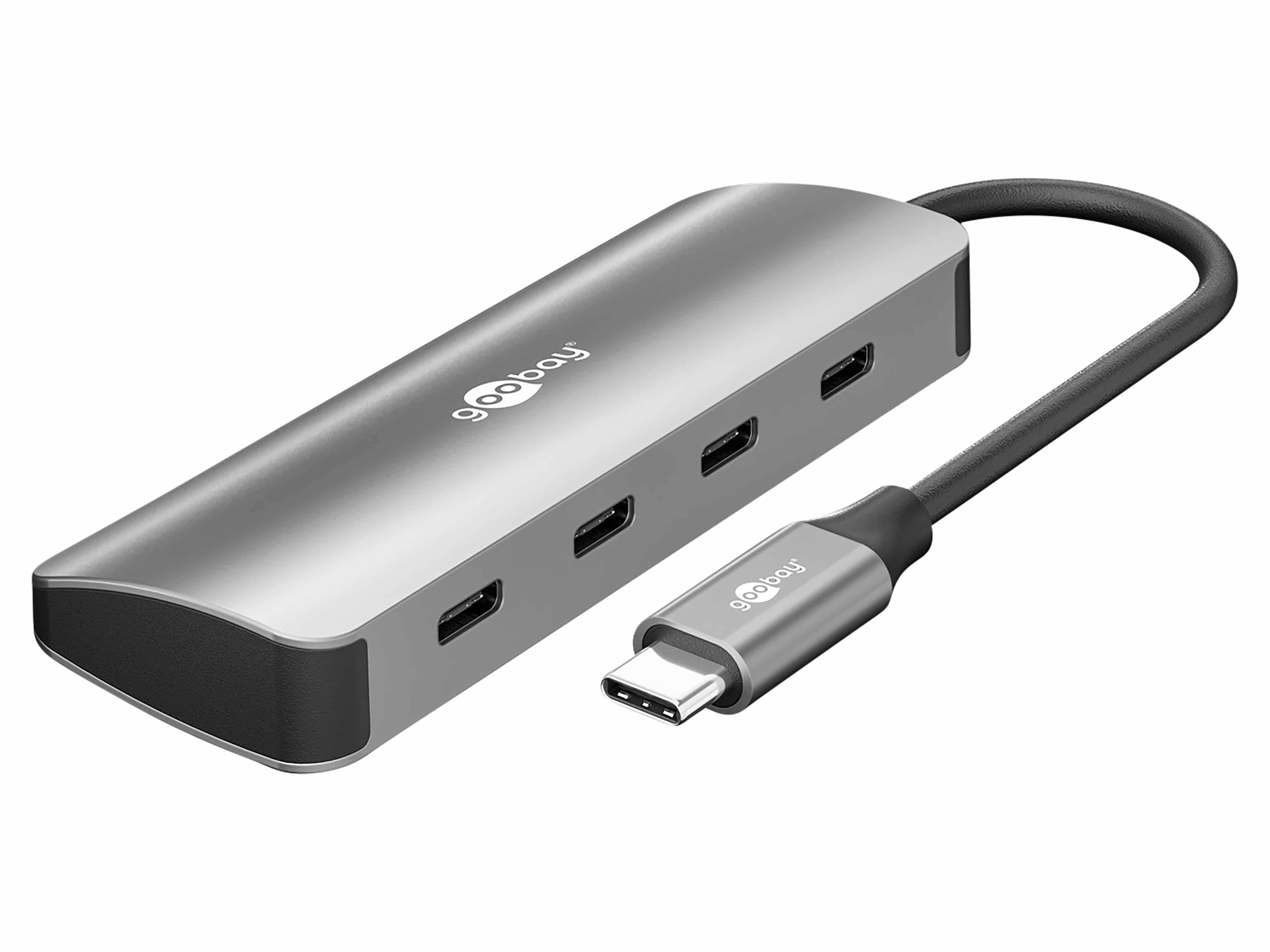 Ein schlanker, metallischer USB-C-Hub mit Kabel, mit drei USB-Anschlüssen an der Seite, entwickelt zur Erweiterung der Konnektivität für Geräte.