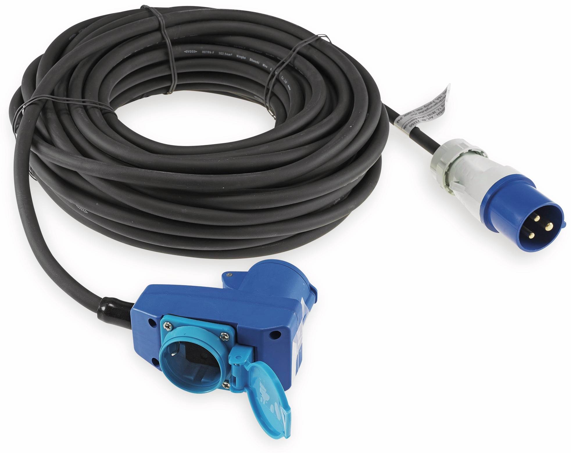 Ein aufgewickeltes langes schwarzes Kabel mit einer blauen Buchse an einem Ende und einem blau-weißen Stecker am anderen Ende, verwendet für elektrische Verbindungen.