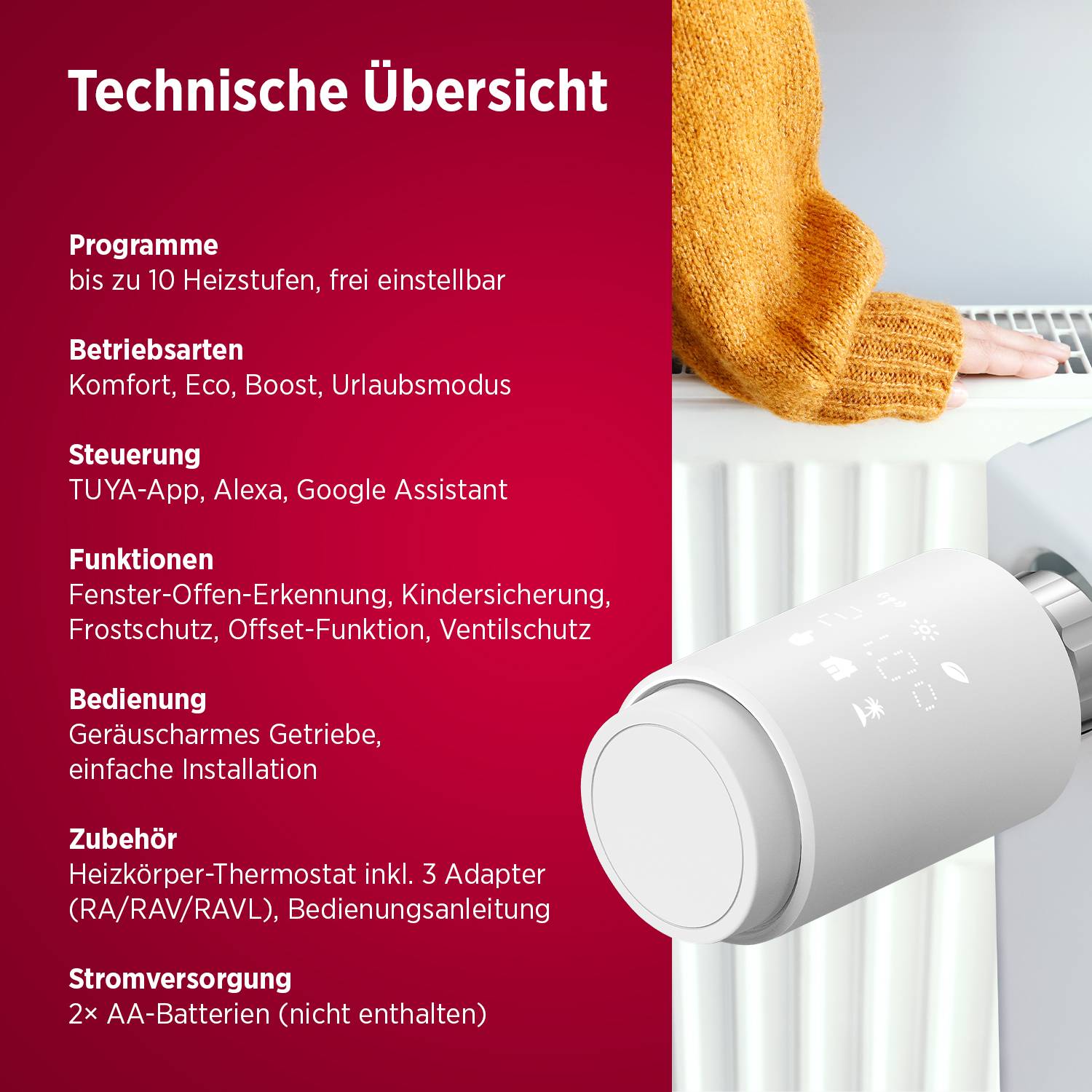 Smart WiFi-Thermostat Heizkörperthermostat Tuya-App, Alexa & Google Olympia HT-02Y