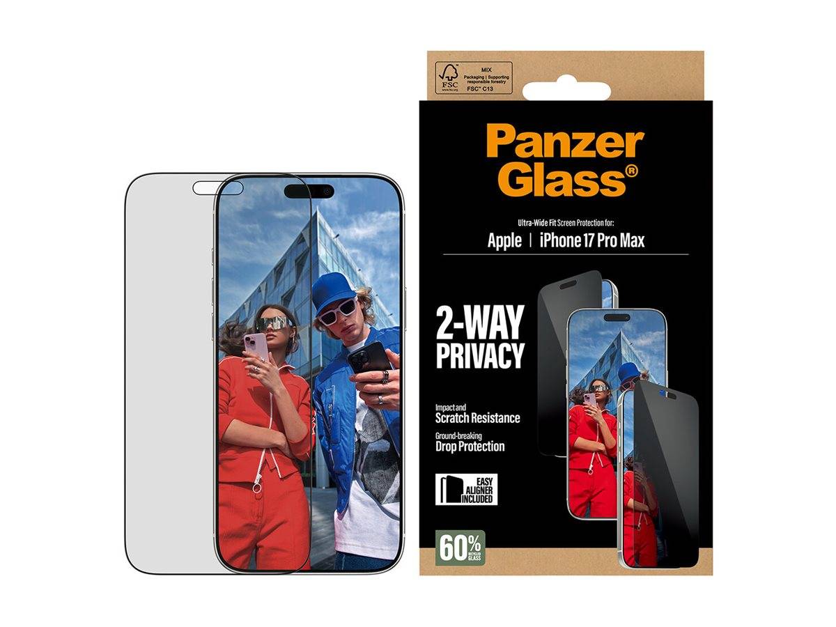 Zwei Smartphones mit Sichtschutzfolien zeigen Personen, die auf ihre Geräte schauen. Daneben wird eine Panzer Glass Verpackung für das iPhone 17 Pro Max präsentiert.