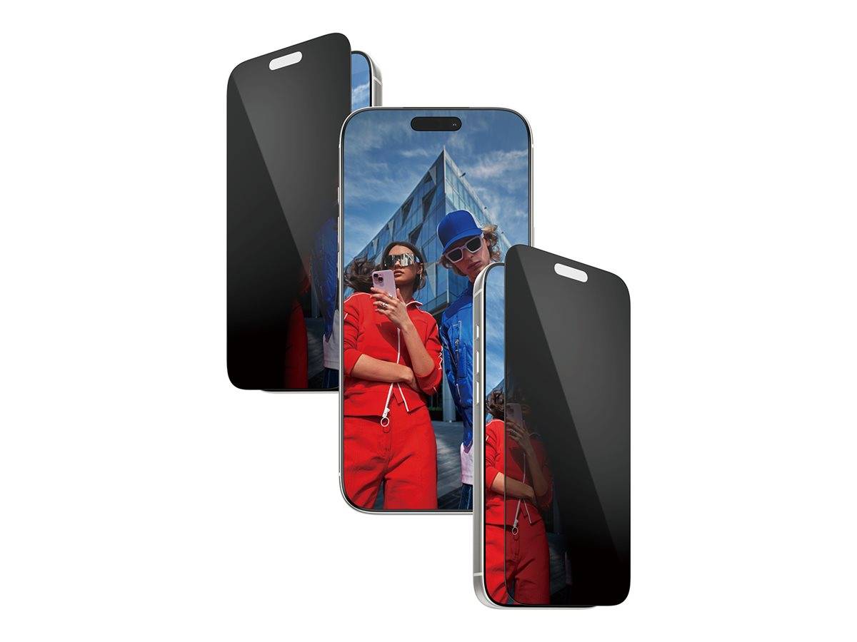 Drei Smartphones mit Sichtschutzfiltern; das mittlere Telefon zeigt einen Widerspiegelung von zwei Menschen in bunten Outfits vor einem modernen Gebäude.