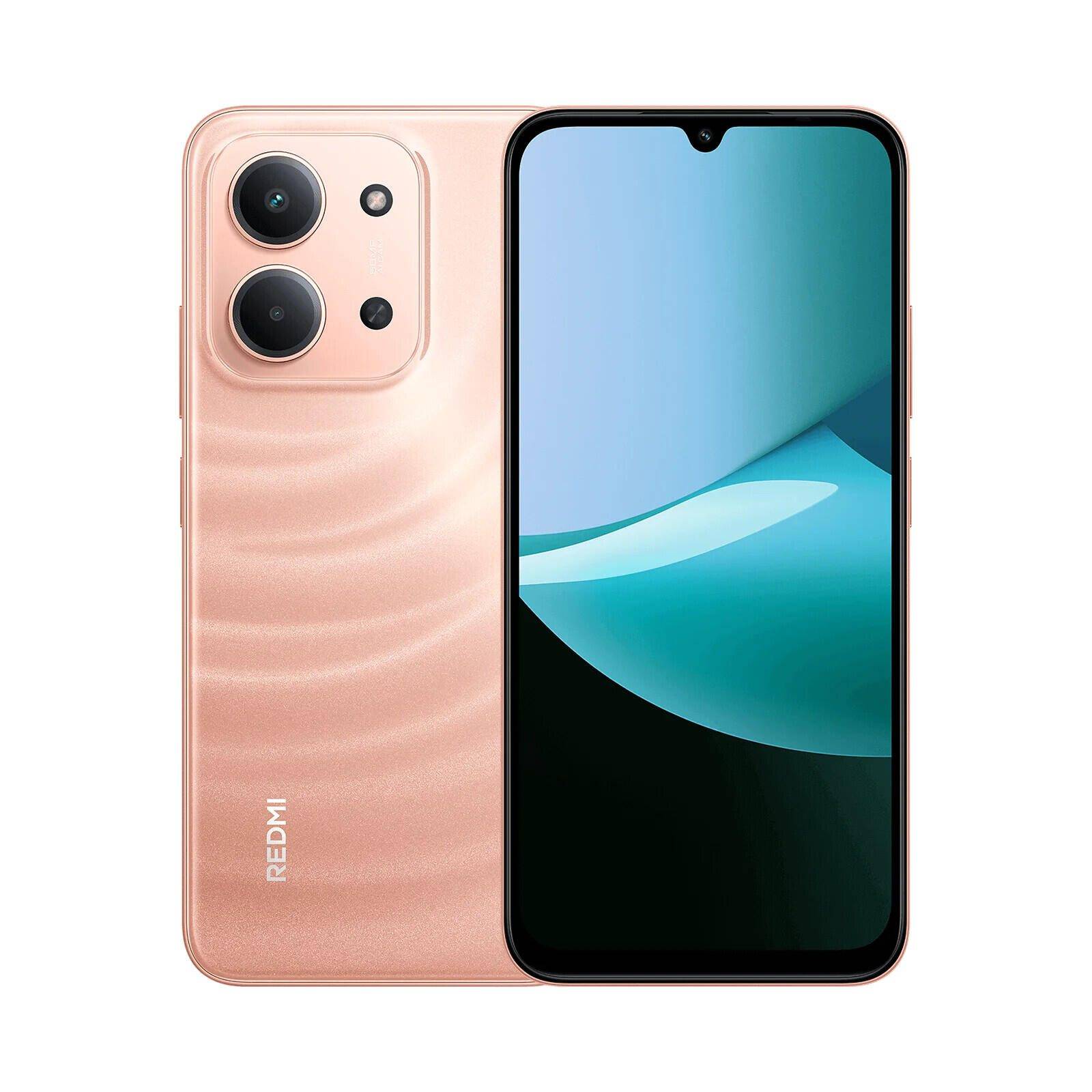 Rosa Redmi-Smartphone von vorne und hinten gezeigt, mit Dual-Rückkameras und Display mit Tropfen-Notch.
