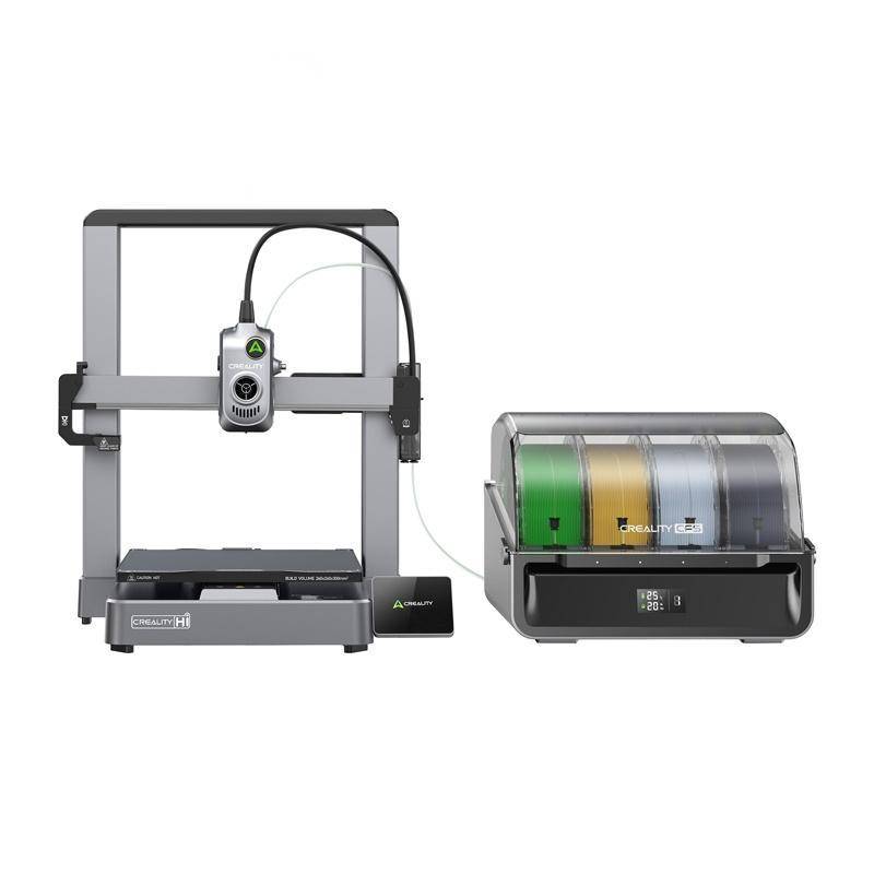 Ein 3D-Drucker, der mit einer Filament-Lagerkiste verbunden ist, die verschiedenfarbige Filamentrollen enthält.