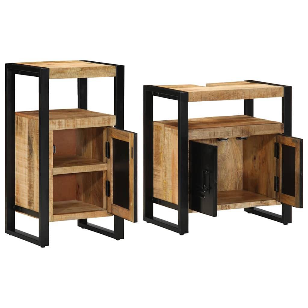 Zwei Holzschränke mit offenen Regalen und schwarzen Metallrahmen. Ein Schrank zeigt die geöffnete Tür und gibt Einblick in die Innenregale, der andere Schrank hat geschlossene Türen.