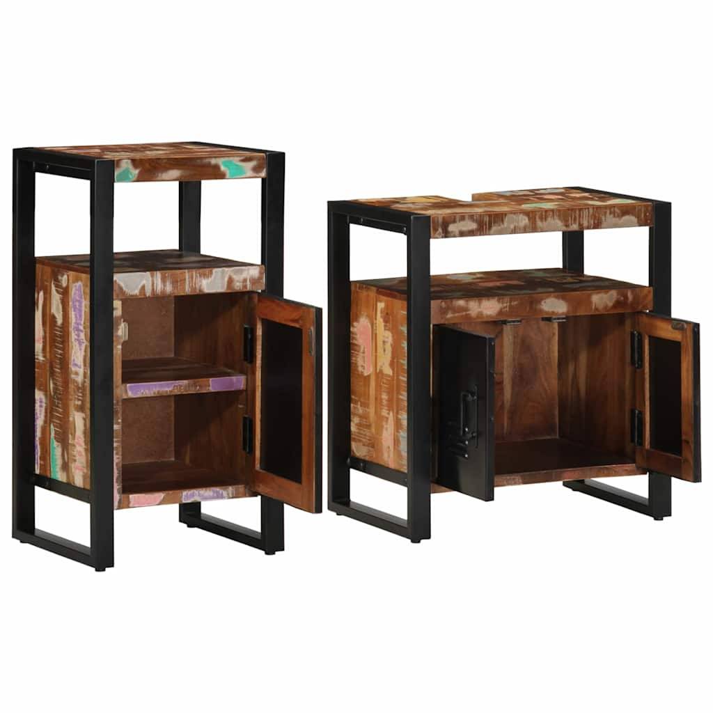 Zwei Beistelltische aus Holz und Metall mit offenen Stauraumbereichen und Türen, die Innenregale offenbaren und eine rustikale, mehrfarbige Oberfläche präsentieren.