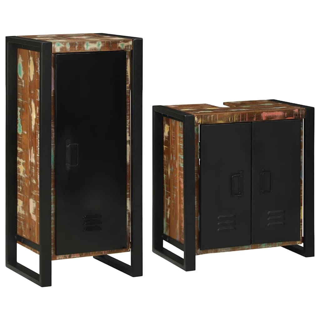 Zwei industriell gestaltete Schränke mit Metallrahmen und farbenfrohen, verwitterten Holzpaneelen, ausgestattet mit schwarzen Türen in minimalistischem Design.