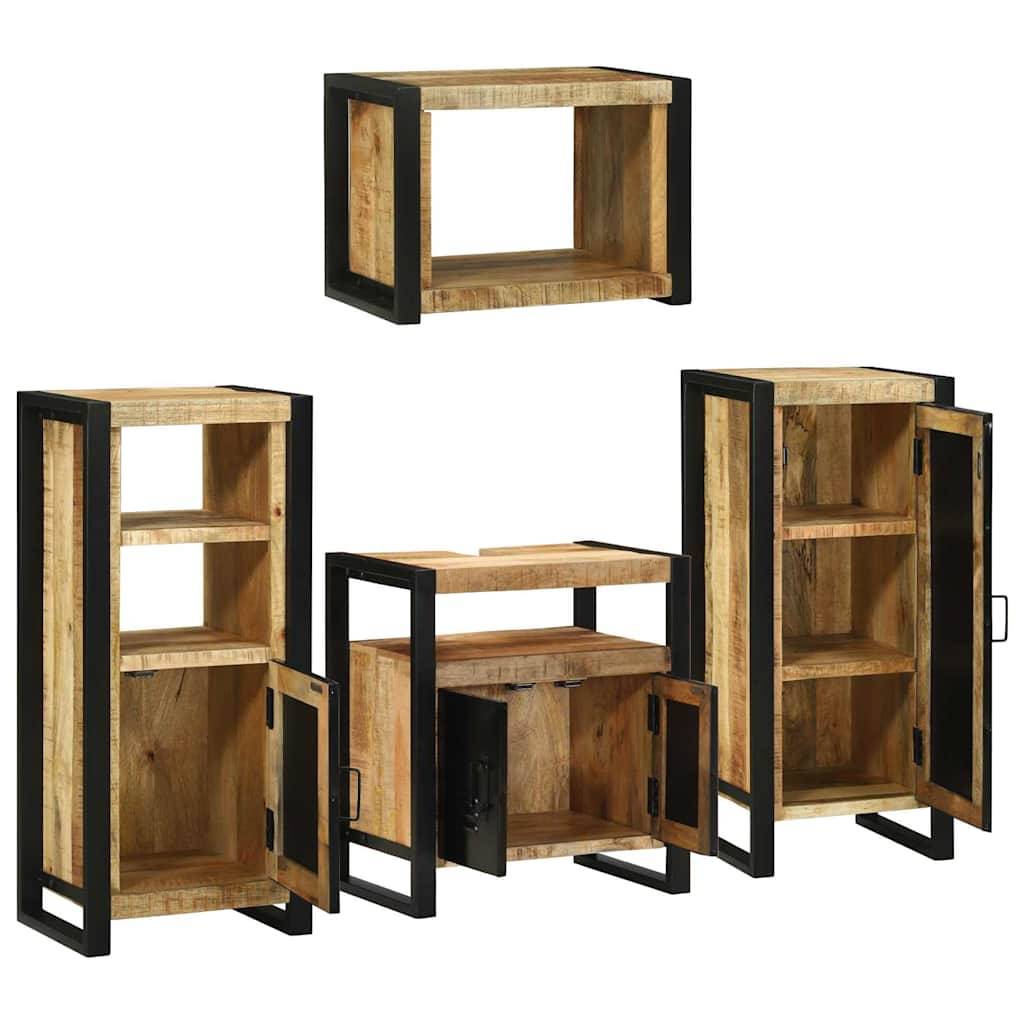 Satz aus Holz-Aufbewahrungsschränken mit schwarzen Metallrahmen. Umfasst ein offenes Regal, einen kleinen Schrank und einen größeren Schrank mit Einlegeböden.