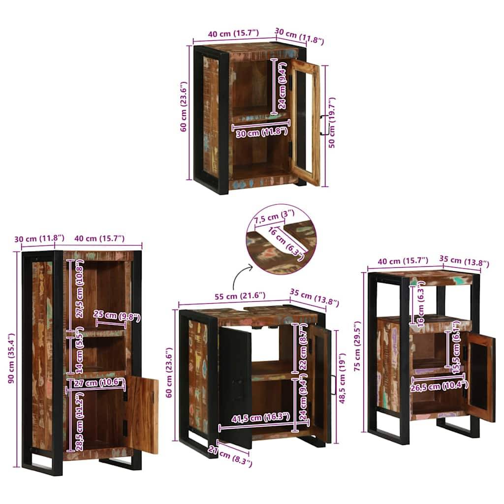 vidaXL Badezimmermöbel-Set mit Regal 4 pcs Mehrfarbig Massives Altholz