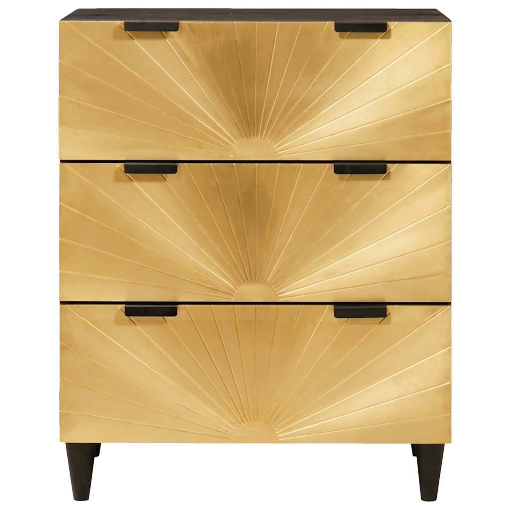 Goldene Kommode mit Sonnenstrahlen-Muster auf der Vorderseite, ausgestattet mit drei Schubladen und schwarzen Griffen. Die Kommode steht auf schwarzen Beinen.