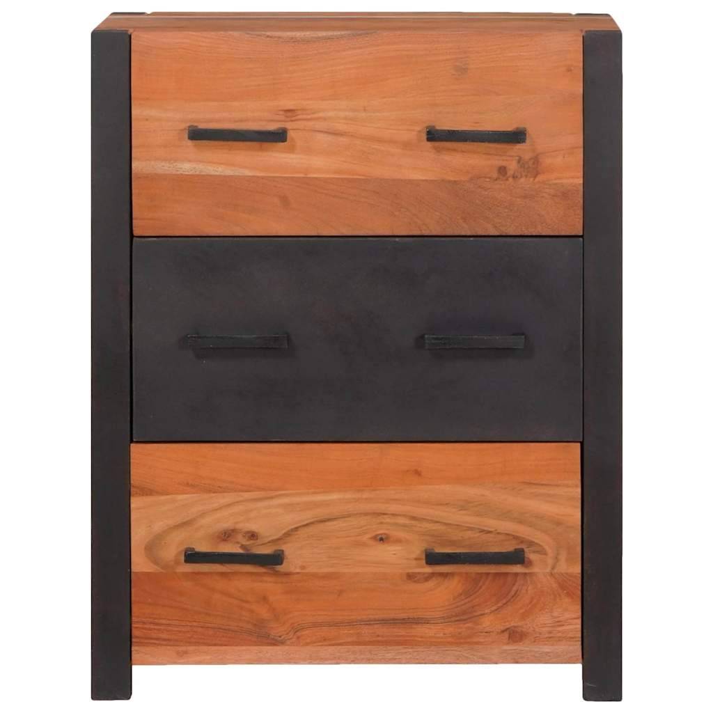 Eine Holzkommode mit modernem, industriellem Design, ausgestattet mit drei Schubladen, Metallgriffen und einem schwarzen Gestell.