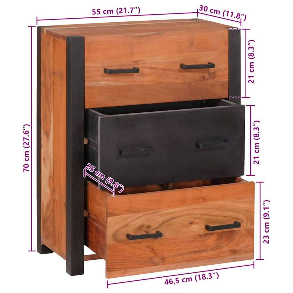 Eine Holzkommode mit drei offenen Fächern, Maße beschriftet: Höhe 70 cm, Breite 55 cm und Tiefe 30 cm.